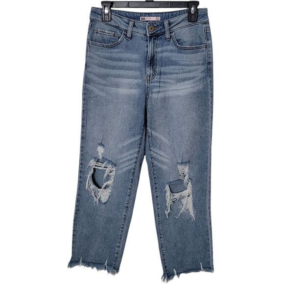 SO High Rise Baggy Straight Jeans Distressed Ripped Raw Hem Medium Wash Denim 5 - Picture 4 of 13